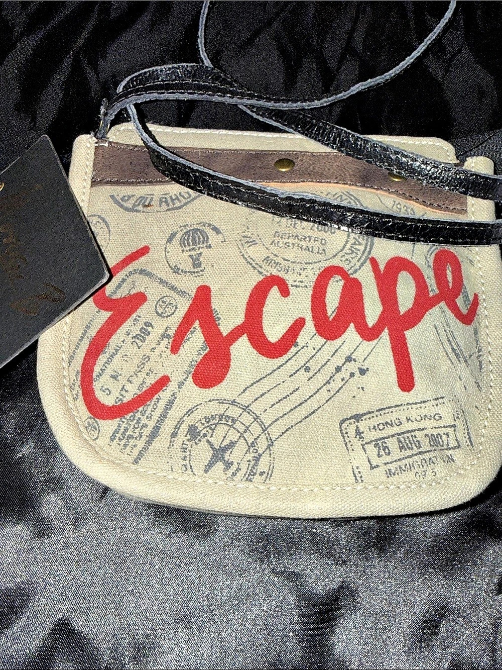 Mona B Escape Upcycled Canvas Saddle Crossbody Bag Beige & Black